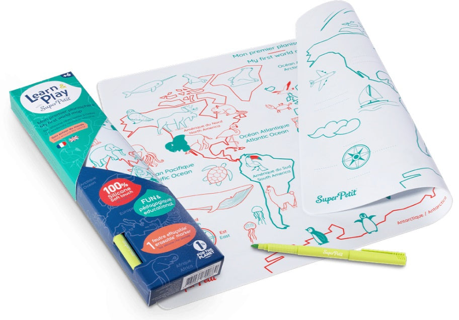 Superpetit World Map Coloring Placemat & 5 Erasable Markers
