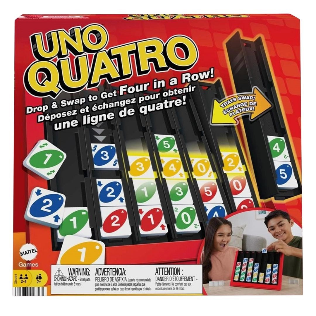 Mattel UNO Quatro card game box featuring colorful playing cards and gameplay instructions.