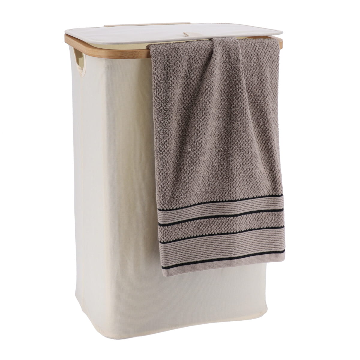 Foldable Rectangular Laundry Basket with Lid, 70L, Bamboo Accents