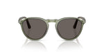 Sunglasses with green frames and dark lenses on a white background