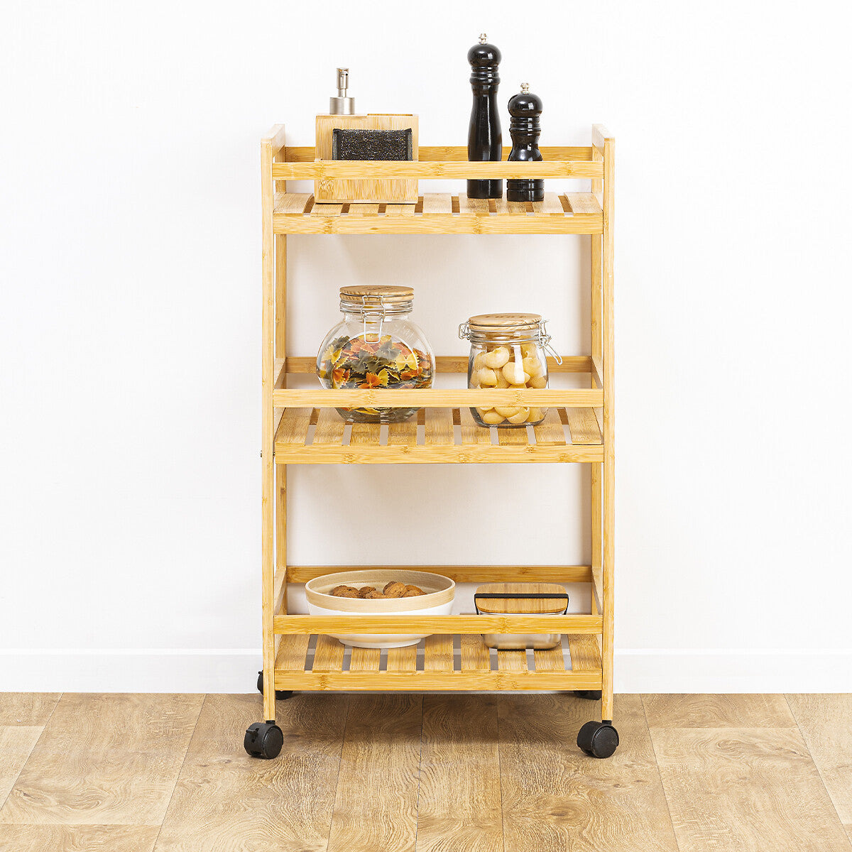 Medium 3-Tier Trolley, Bamboo, 4 Wheels