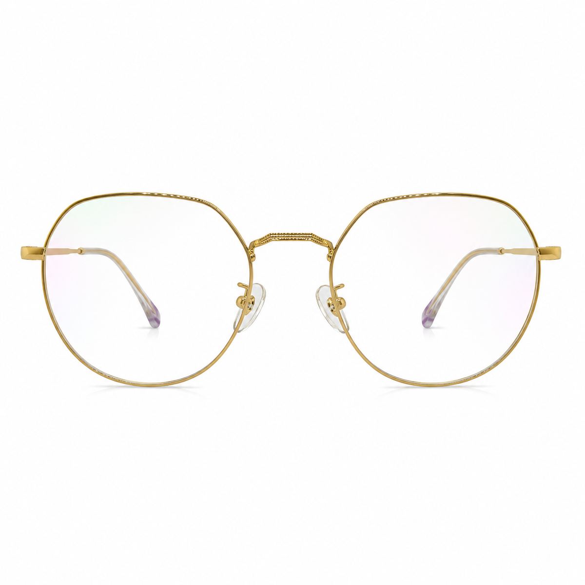 Gold-rimmed eyeglasses on a white background