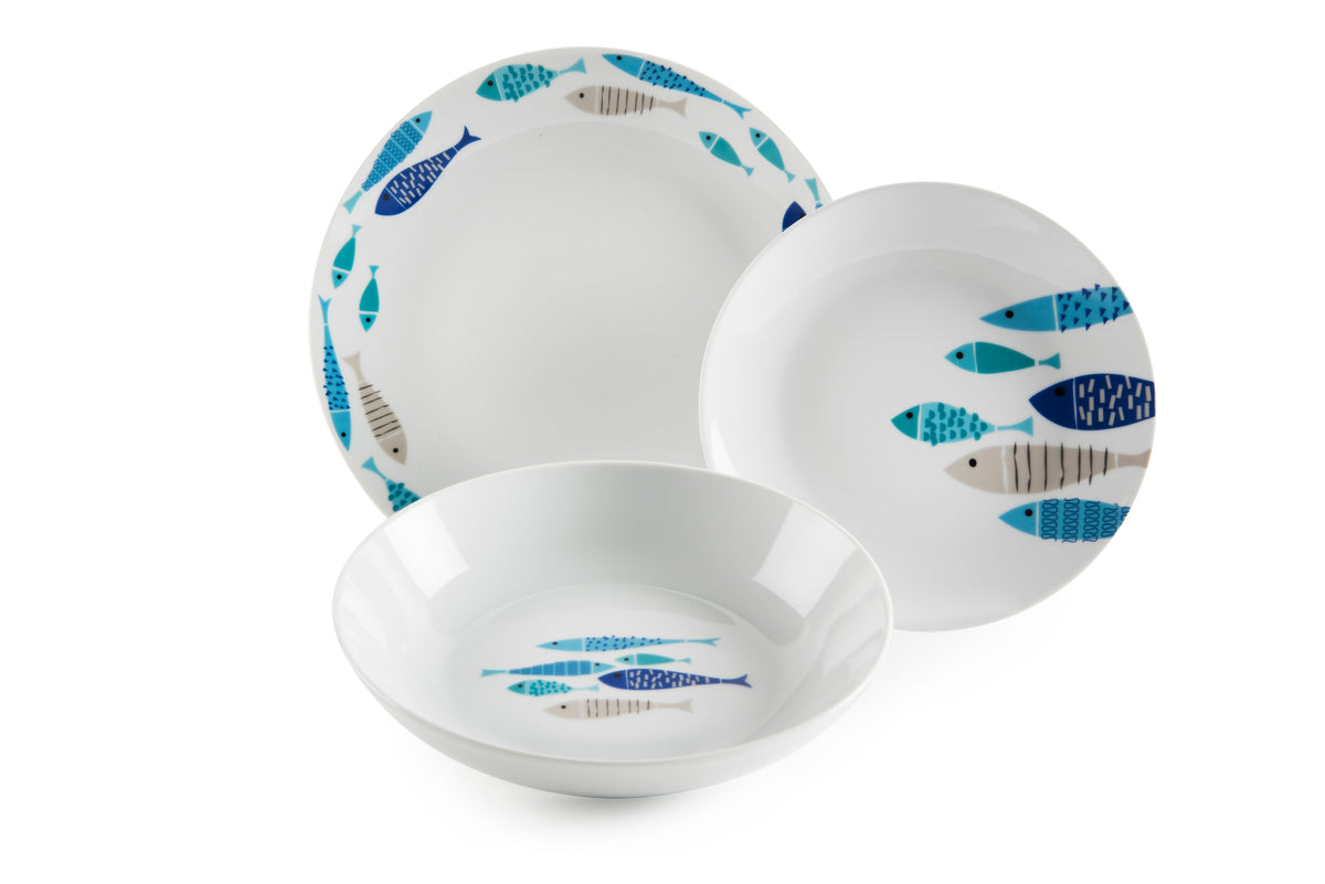 North Sea Dinner Set, 18-Piece, Blue Fish Design