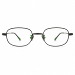 Pair of eyeglasses with black frame and green temple tips on a white background