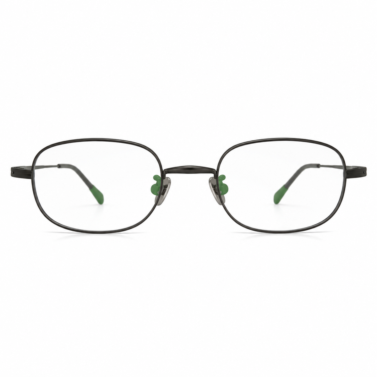 Pair of eyeglasses with black frame and green temple tips on a white background