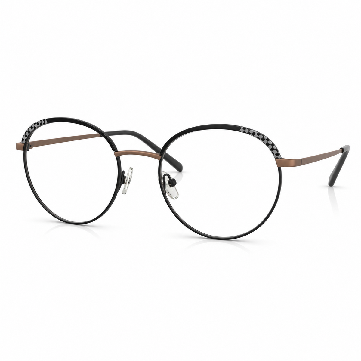 Round eyeglasses with black frame and brown accents on a white background