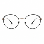 Round eyeglasses with black frames and brown temples on a white background