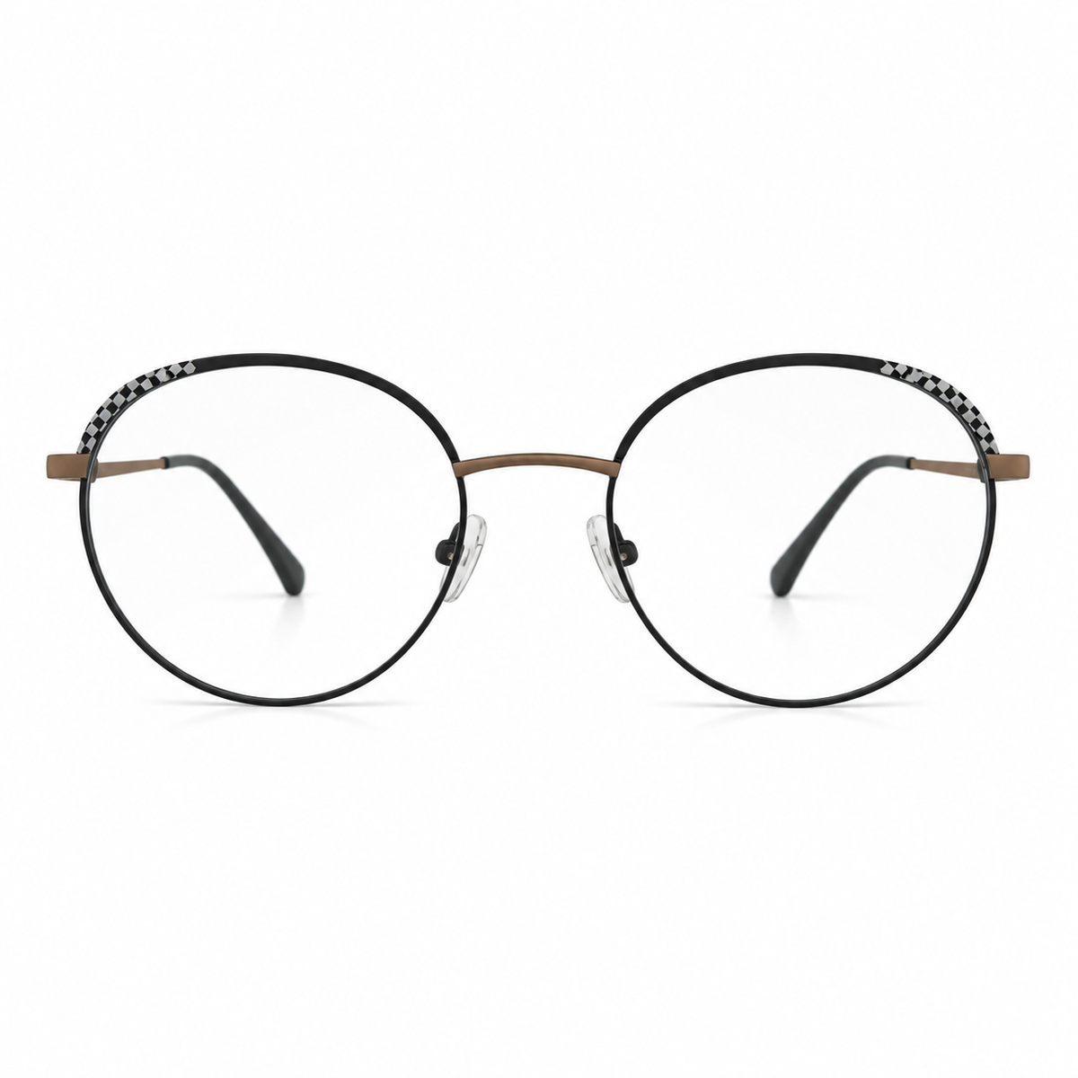 Round eyeglasses with black frames and brown temples on a white background