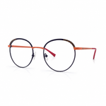 Round eyeglasses with black frames and orange temples