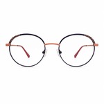 Round eyeglasses with black frames and orange temples on a white background