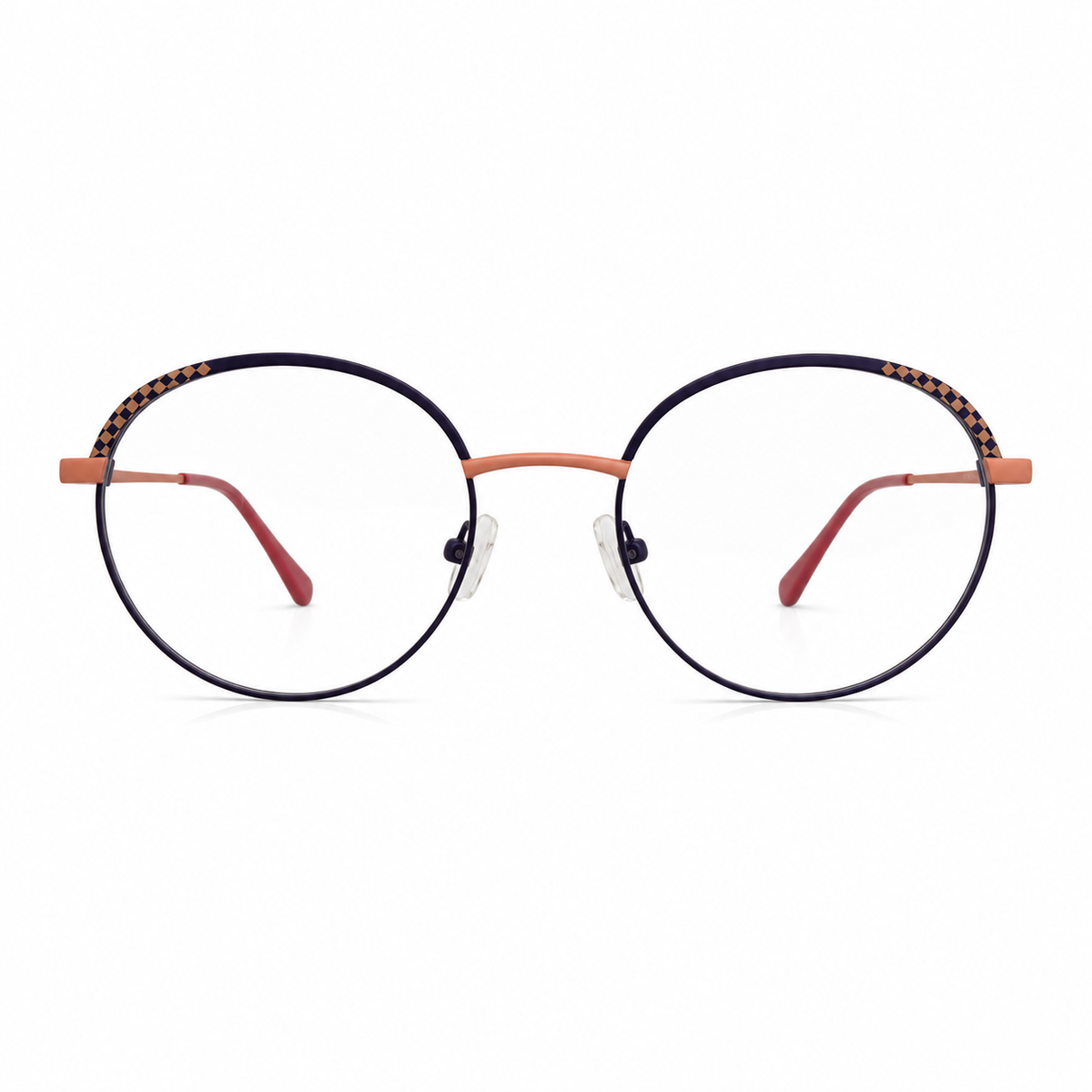 Round eyeglasses with black frames and orange temples on a white background