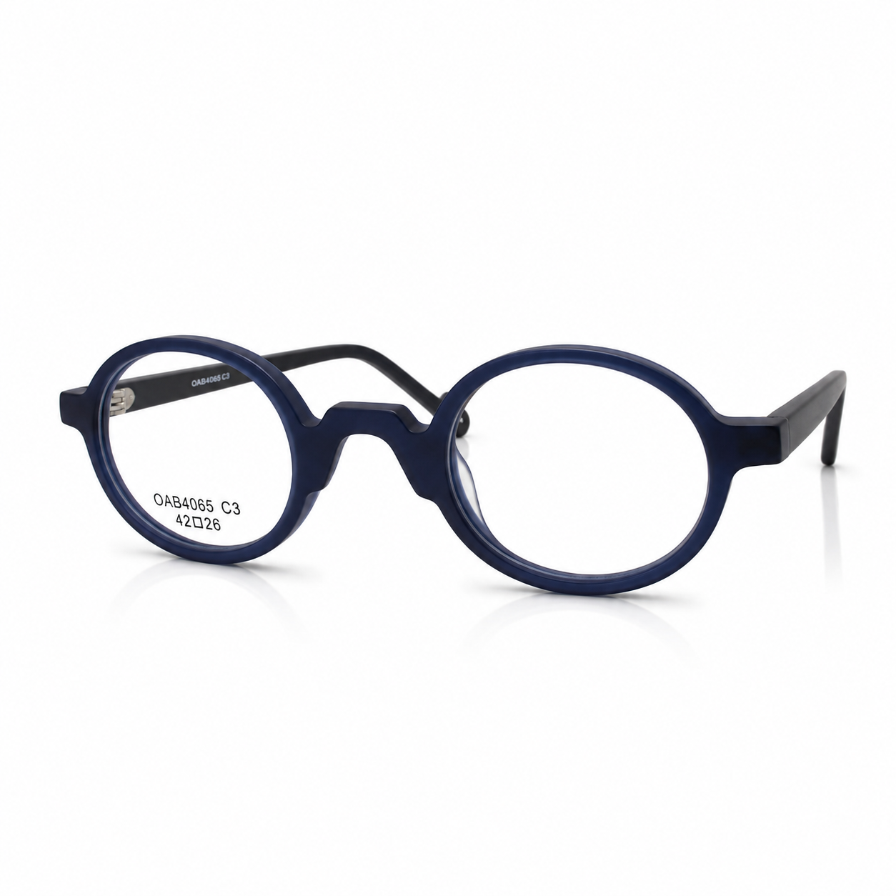 Navy blue eyeglasses on a white background