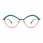 Rose gold and green eyeglasses on a white background