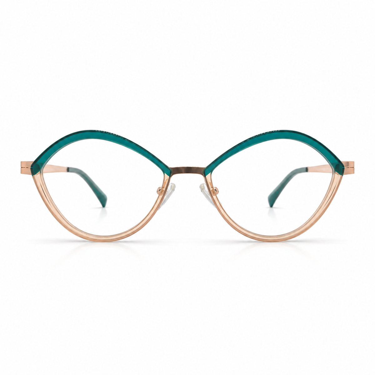 Rose gold and green eyeglasses on a white background