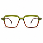 Red and green eyeglasses on a white background