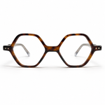 Tortoiseshell eyeglasses with clear accents on a white background