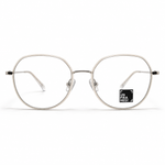Silver eyeglasses with a brand logo on a white background