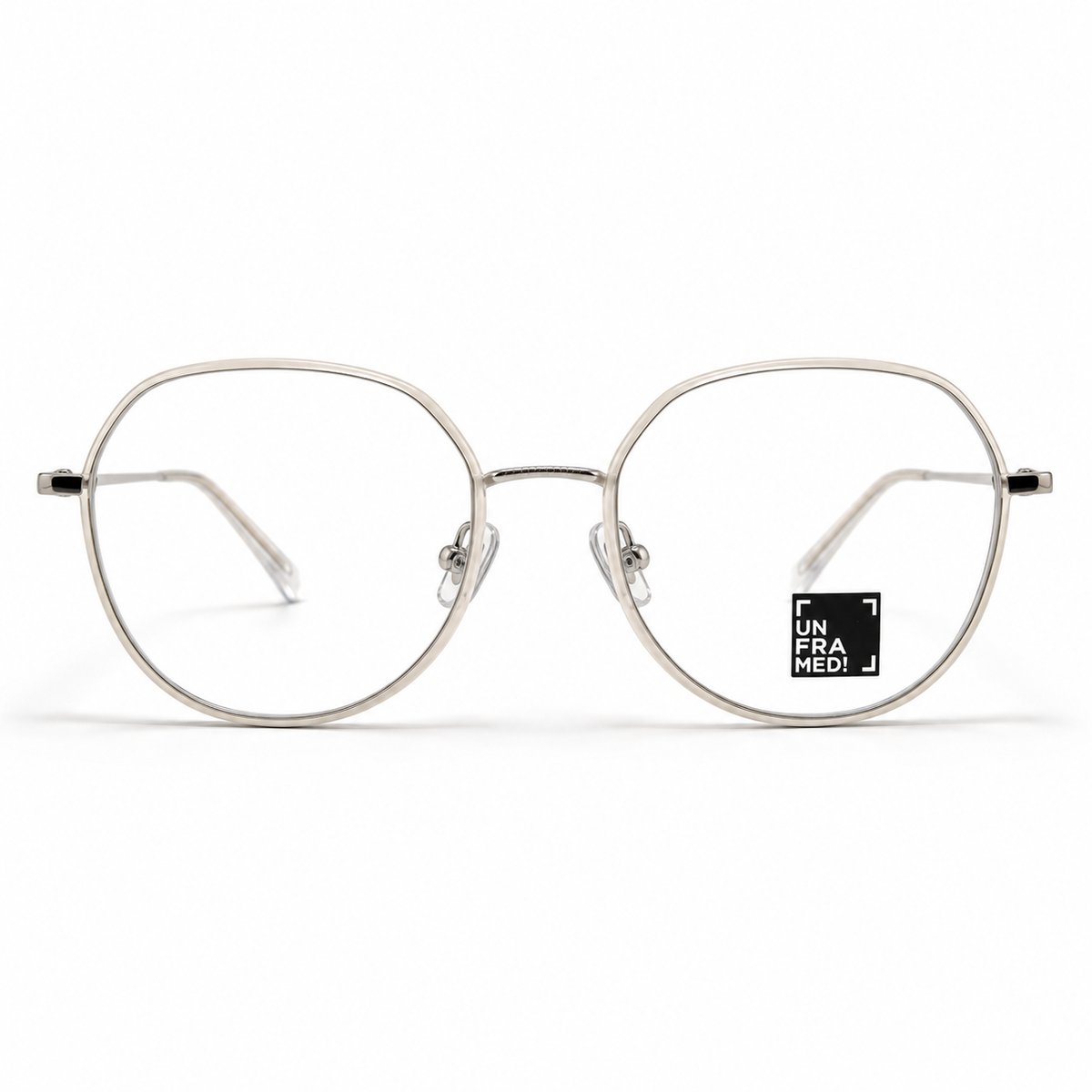Silver eyeglasses with a brand logo on a white background