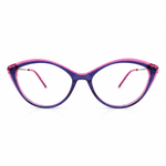 Cat-eye glasses with a blue and pink frame on a white background