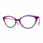 Cat-eye glasses with a pink and blue frame on a white background