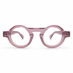 Round pink eyeglasses on a white background