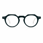 Dark green eyeglasses on a white background