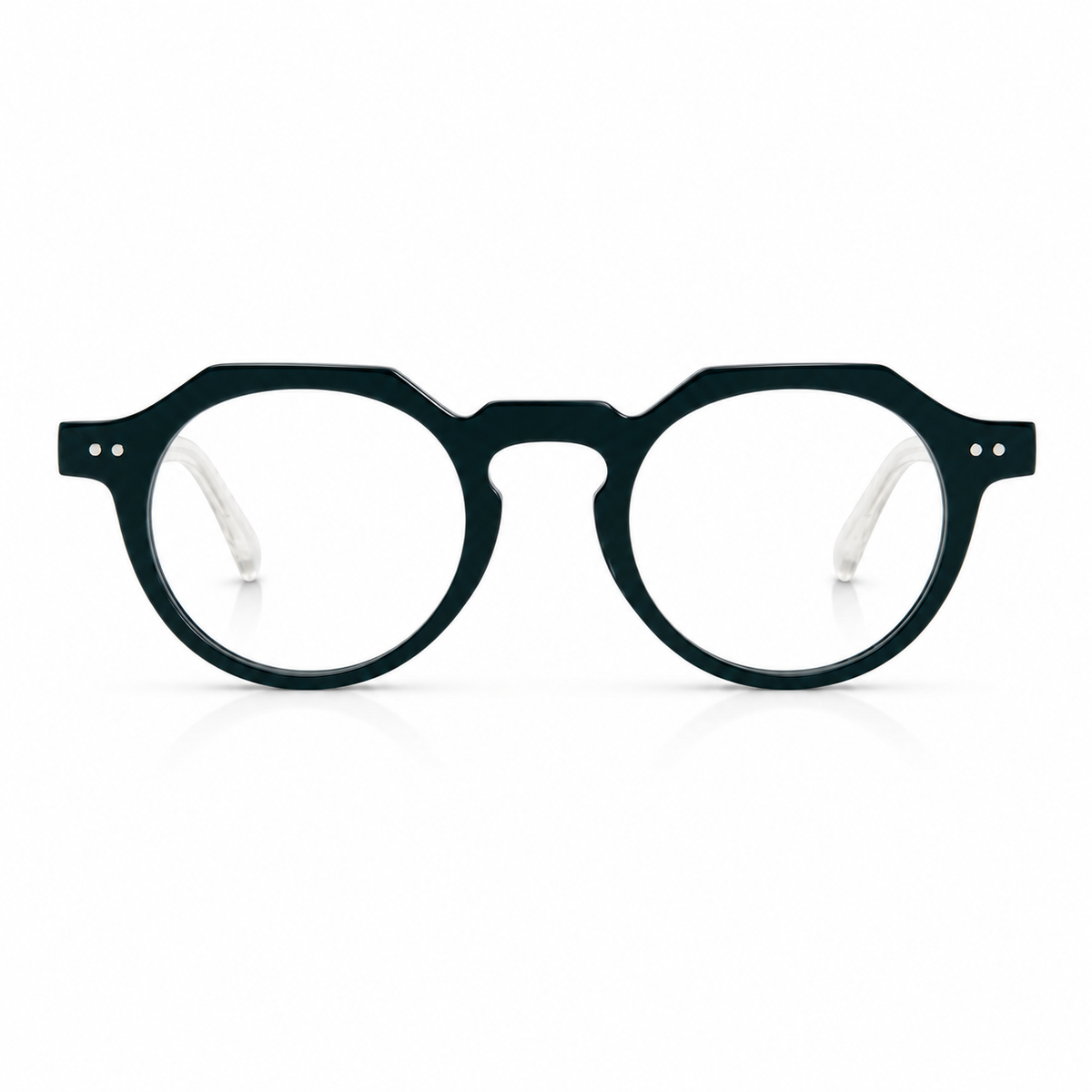 Dark green eyeglasses on a white background