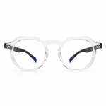 Clear round eyeglasses with tortoiseshell accents on a white background