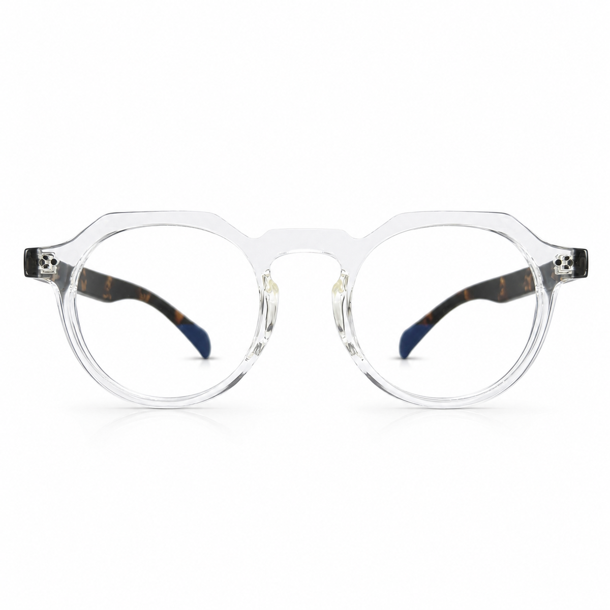 Clear round eyeglasses with tortoiseshell accents on a white background