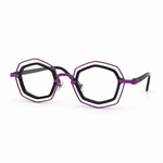 Geometric purple and black eyeglasses on a white background