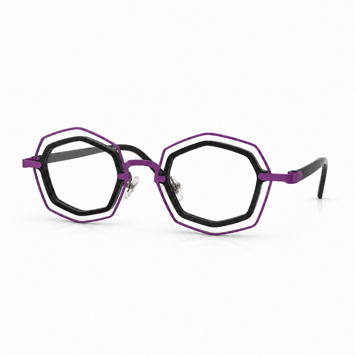 Geometric purple and black eyeglasses on a white background