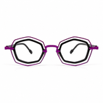 Glasses with purple frame and clear lenses on a white background