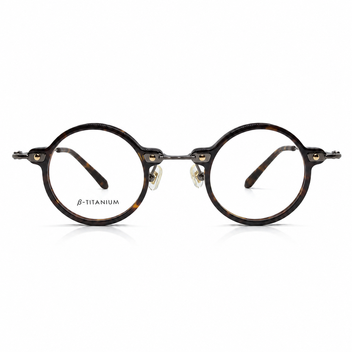 Round tortoise eyeglasses on a white background