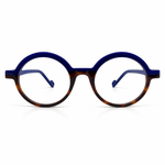 Round eyeglasses with tortoise and blue frame on a white background