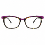 Eyeglasses with a purple and tortoise frame on a white background