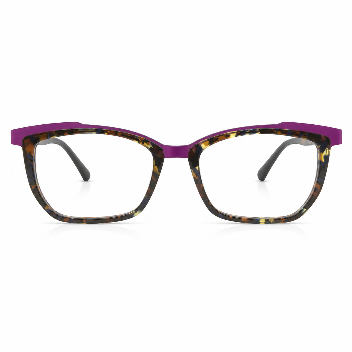 Eyeglasses with a purple and tortoise frame on a white background