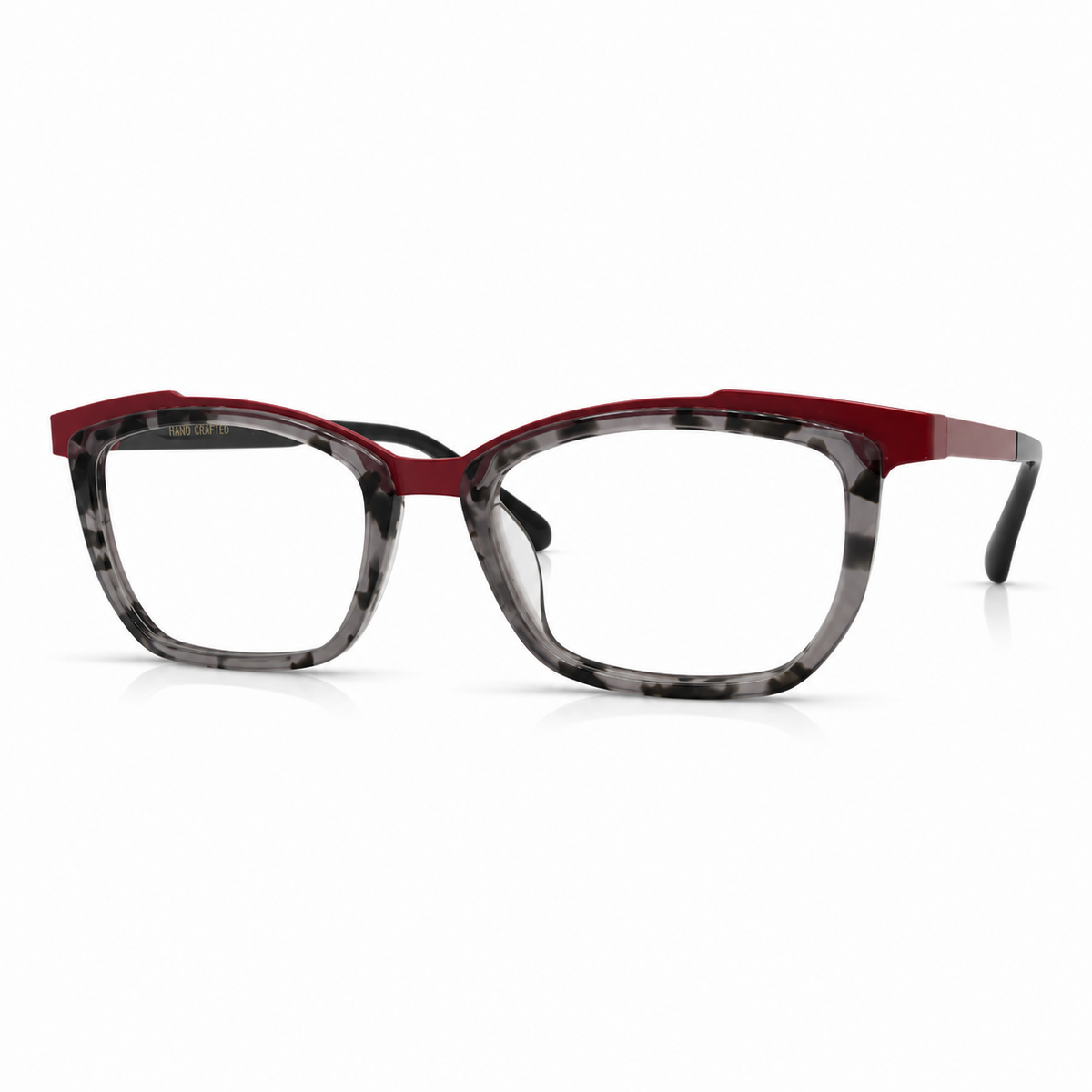 Eyeglasses with a red and gray frame on a white background