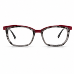 Eyeglasses with a red frame and gray-tortoiseshell temple tips on a white background