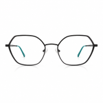 Black eyeglasses with blue temples on a white background