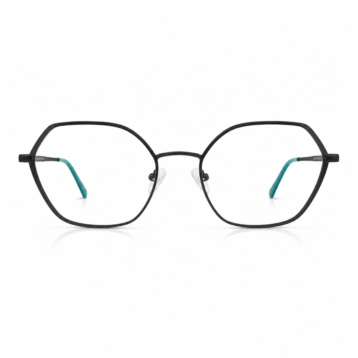 Black eyeglasses with blue temples on a white background
