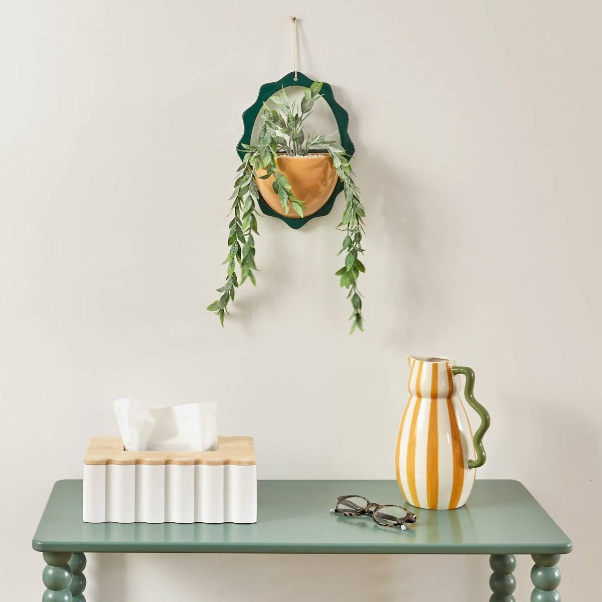 Hanging Artificial Plant "Cheri" - Glazed Ceramic Pot & Jute Cord