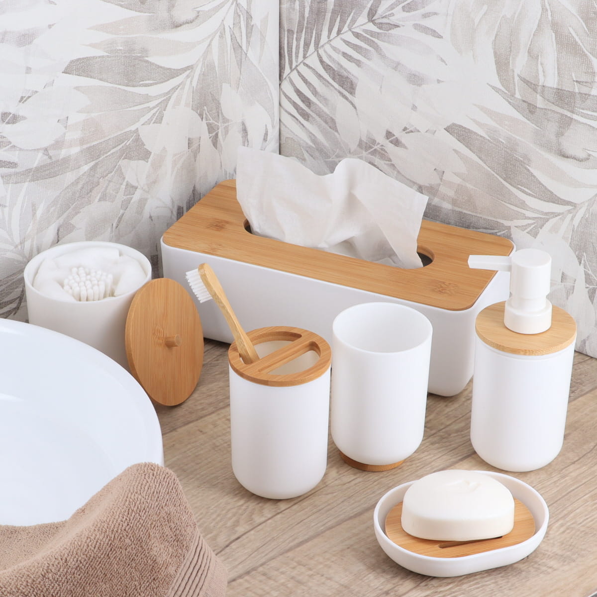 Tissue Box with Bamboo Lid, Modern White Plastic Organizer