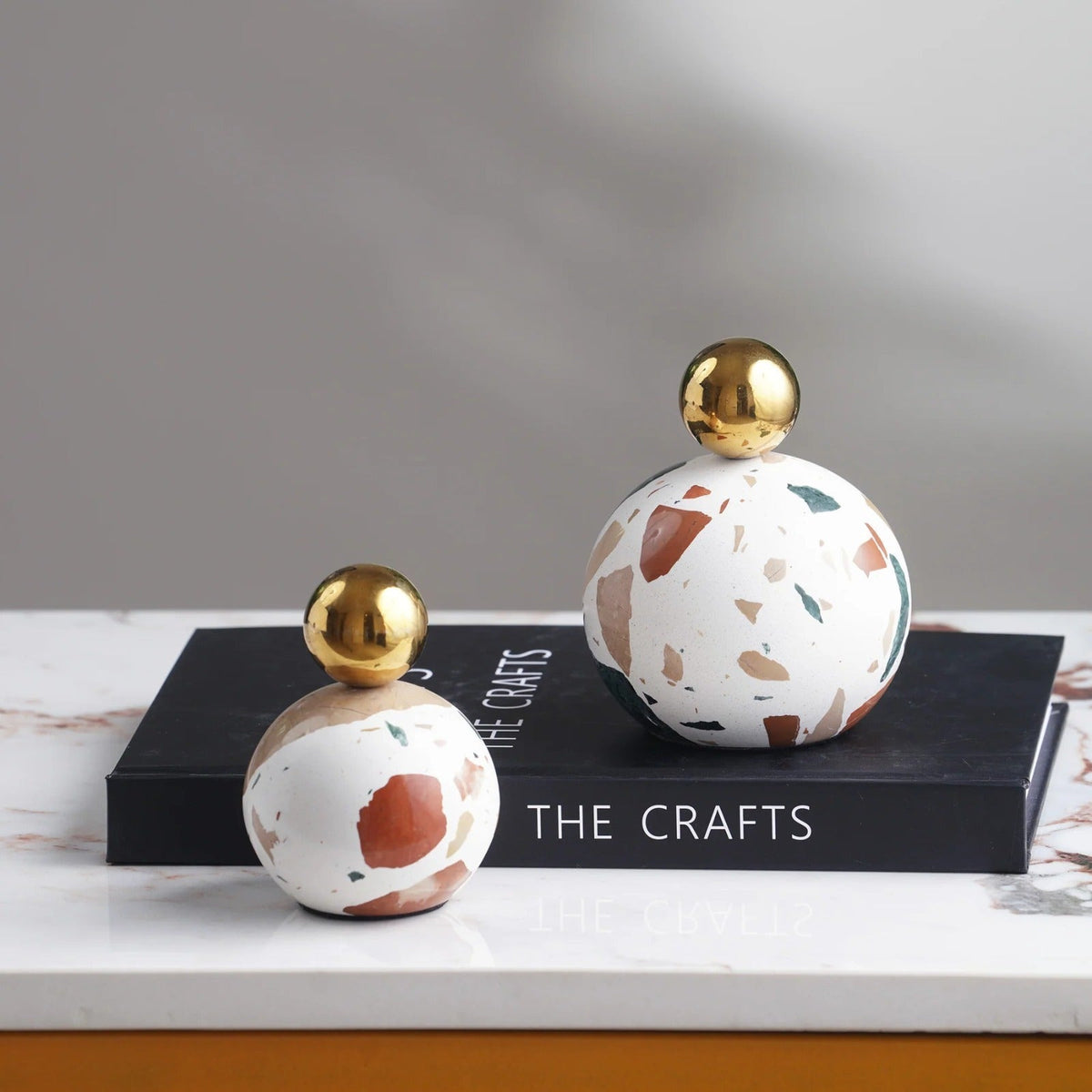 Double Ball Ornament White B Terrazzo Gold Accent Decorative Sculpture