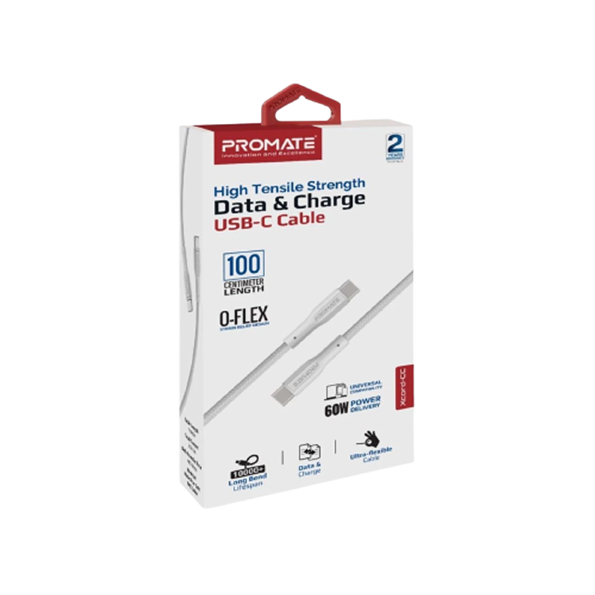 Promate (XCord-CC300) USB-C to USB-C Data & Charge Cable Braided - Fast Charge - 3m - 2Yrs- White