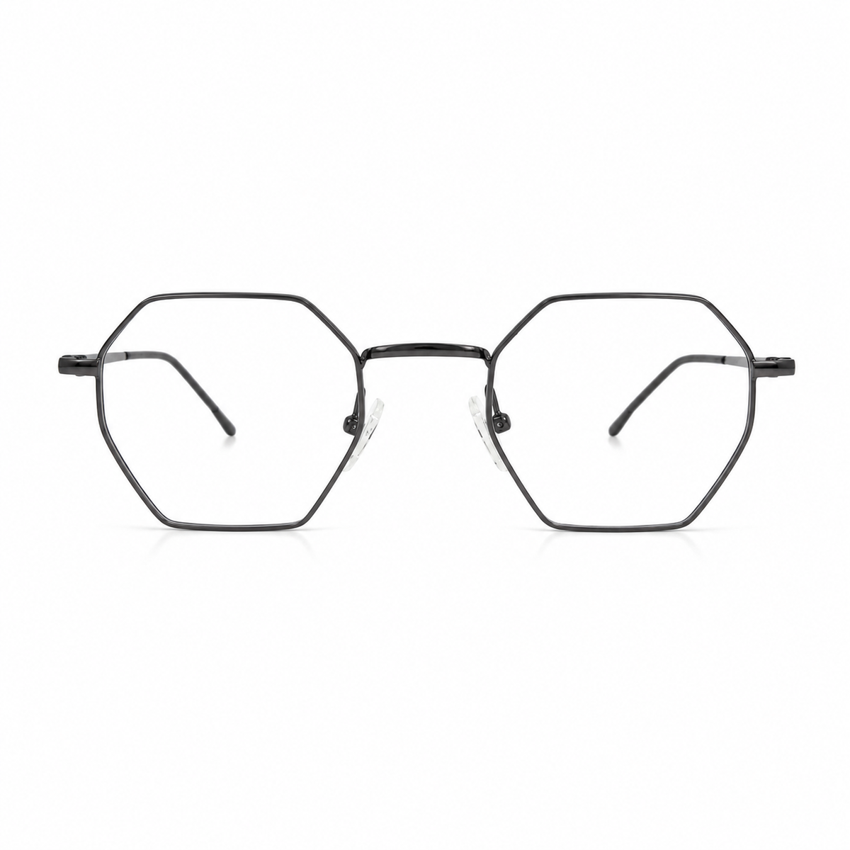 Gray silver eyeglasses on a white background