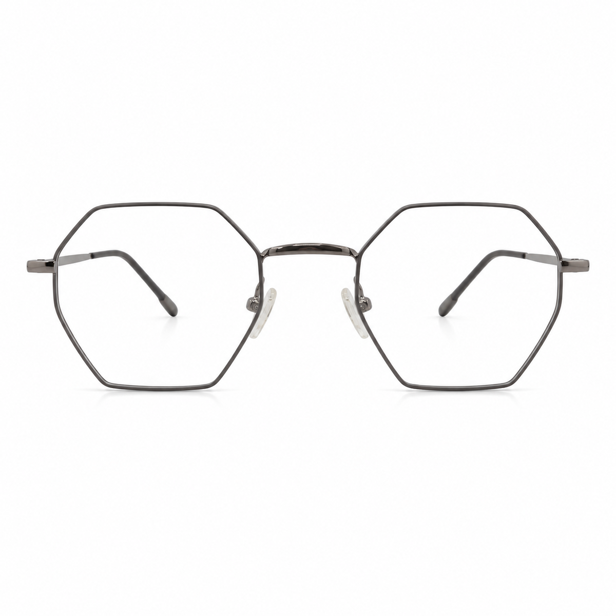 Hexagonal green silver frame eyeglasses on a white background