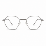 Hexagonal silver metal frame eyeglasses on a white background