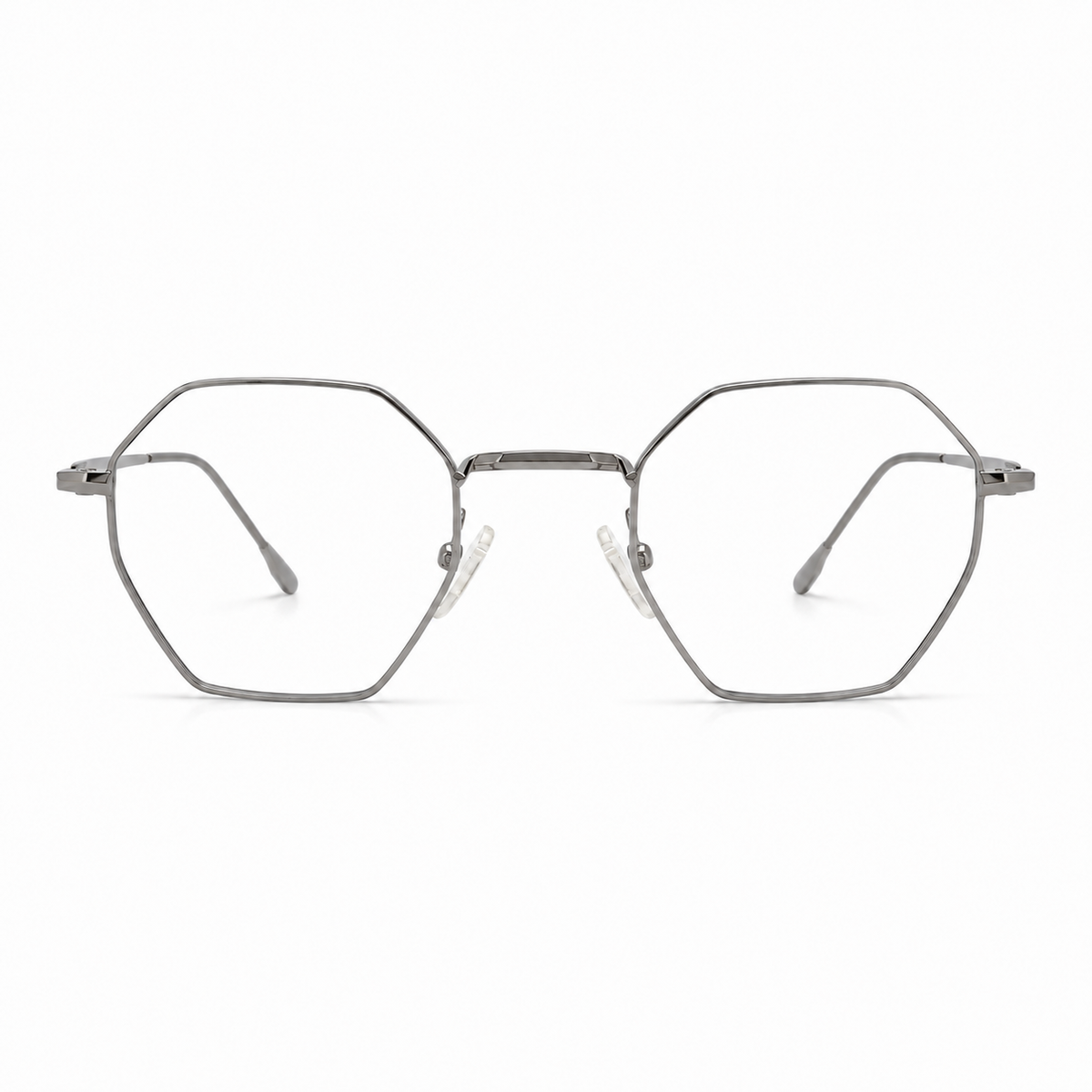 Hexagonal silver metal frame eyeglasses on a white background