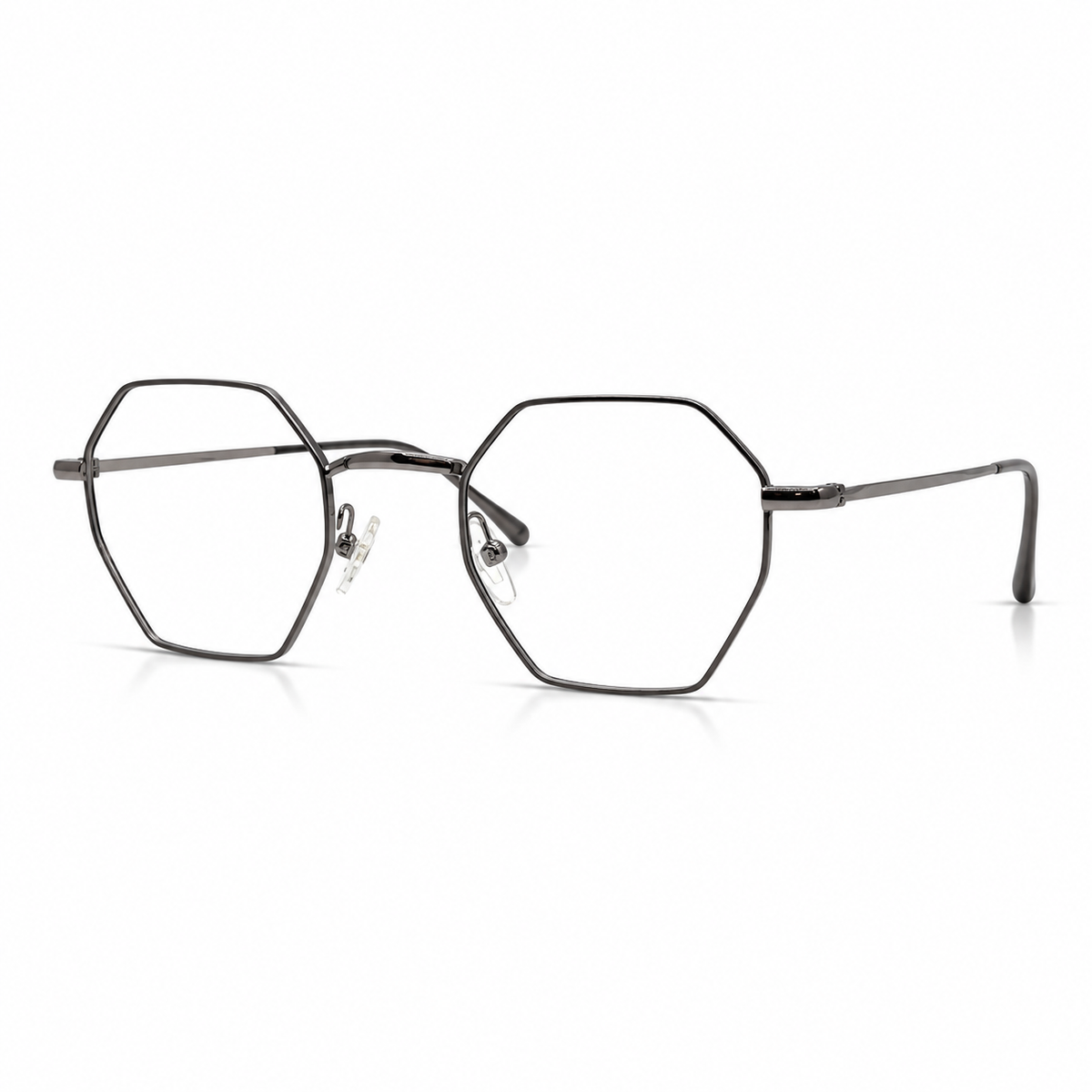 Hexagonal blue silver eyeglasses on a white background