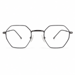 Blue silver hexagonal eyeglasses on a white background